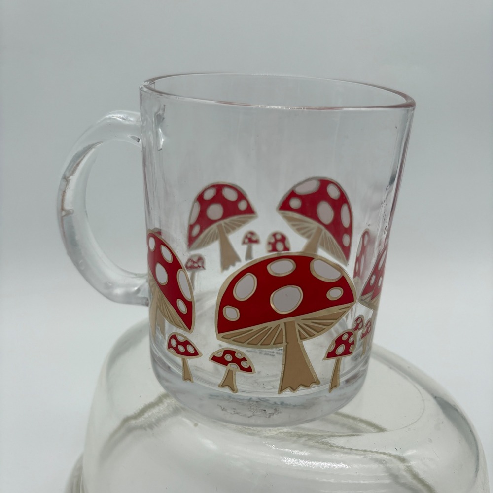 Dwell Studio Mushroom Glass Mug Red White Toadstool Woodland Coffee Cup Clear